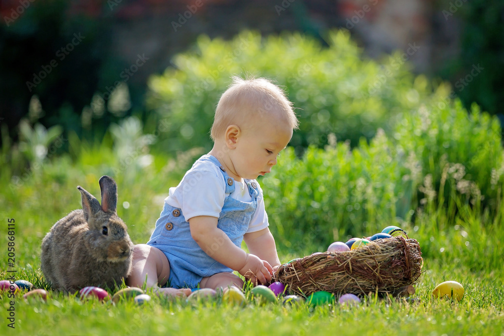 Cute child, playing with little bunny and easter eggs in a blooming garden, springtime Cute child, playing with little bunny and easter eggs in a blooming garden, springtime