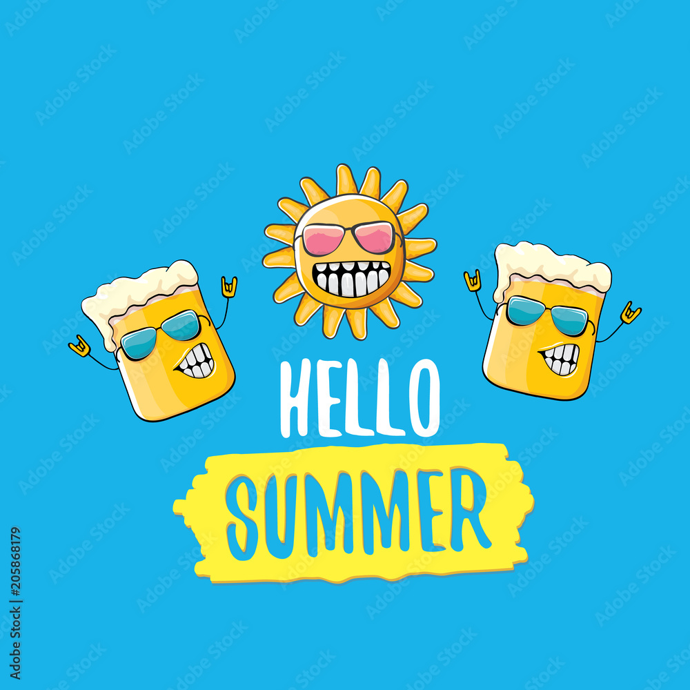 vector cartoon funky beer glass character and summer sun isolated on blue  background. Hello summer text and funky beer concept illustration. Funny  cartoon smiling friends. Stock Vector | Adobe Stock