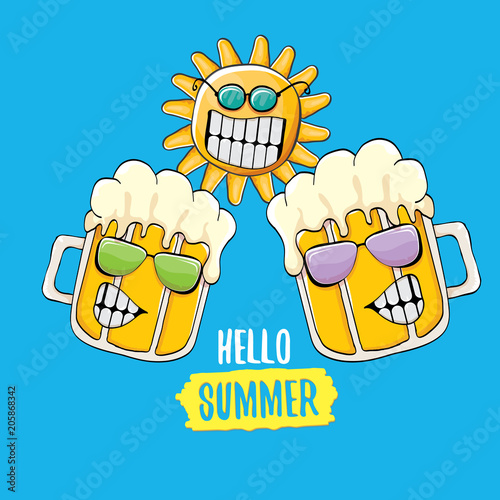 vector cartoon funky beer glass character and summer sun isolated on blue background. Hello summer text and funky beer concept illustration. Funny cartoon smiling friends.
