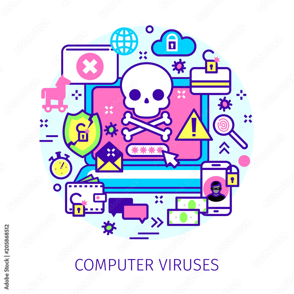 Concept of virus, piracy, hacking and security.