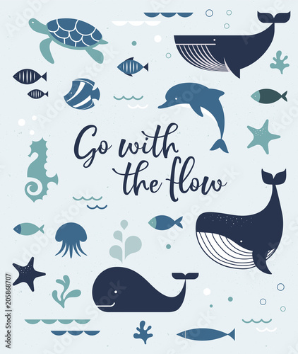Sea life, whales, dolphins icons and illustrations, poster design