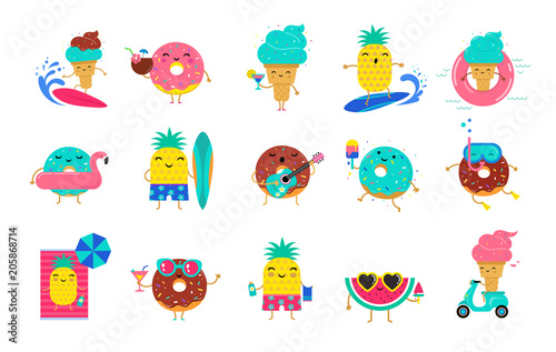 Sweet summer - cute ice cream, watermelon and donuts characters make fun