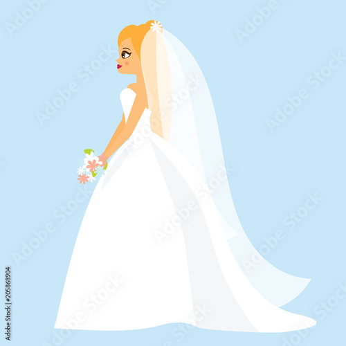 Cartoon bride. Happy female in fashionable wedding dress