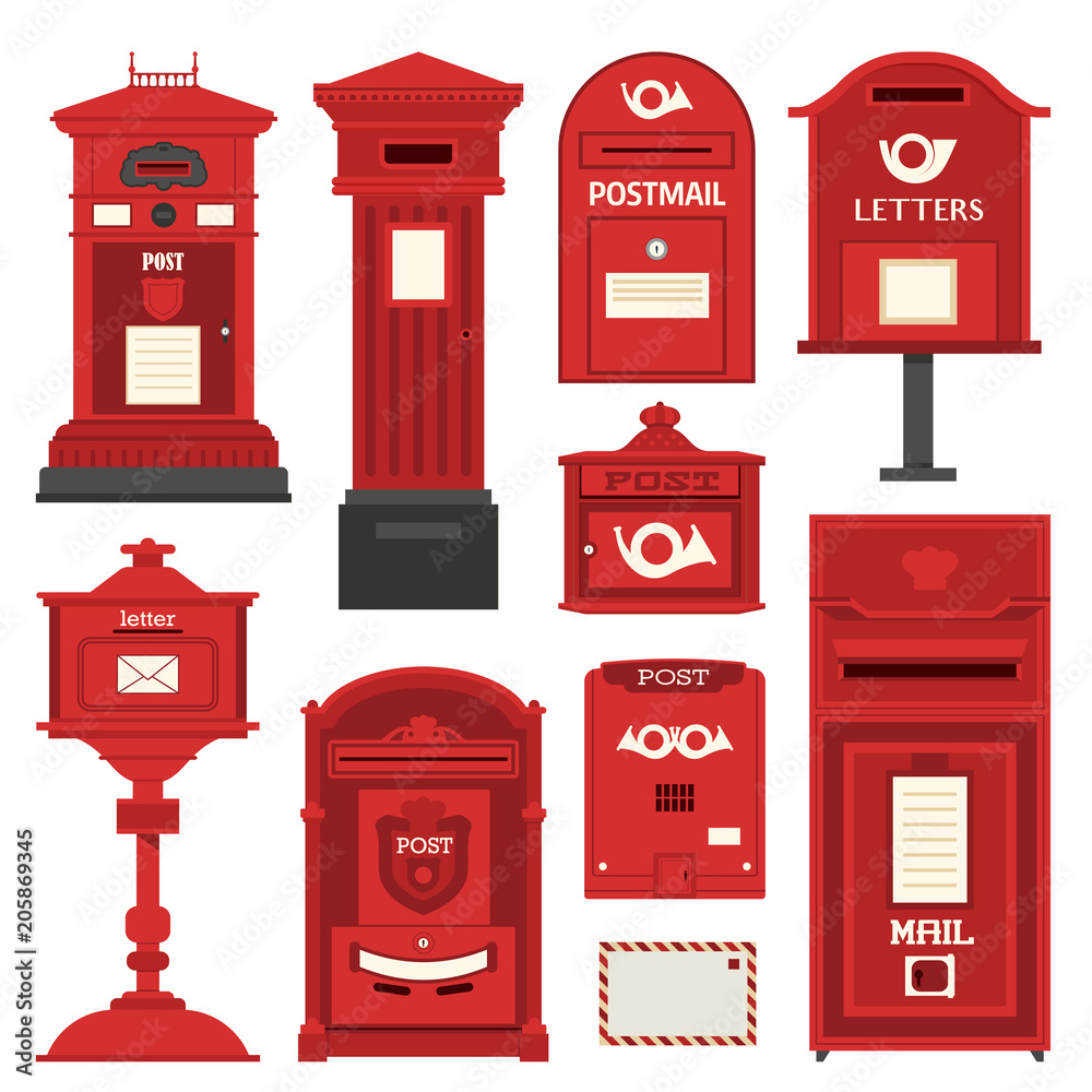 Red english post box set with vertical pillar letter-box, public wall  letterbox and pedestal mail posts with envelope and horn symbols. Vintage  mailbox set with classic london post box icons. Stock Vector