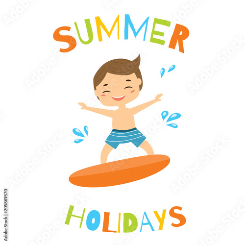 Boy on surfing board. Kid having summer holidays beach activity
