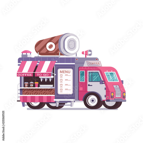Retro coffee van in flat design. City street food truck with cafe cup. Summer kitchen auto kiosk in flat design. Cartoon car with food on wheels illustration. Vintage cartoon minivan with beverages.