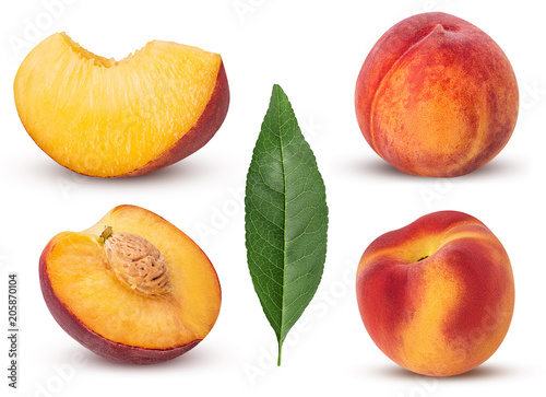 Collection ripe peach fruit,whole, cut in half with bone, slice, leaf