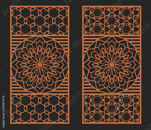 Laser cutting set. Wall or window panels. Jigsaw die cut ornaments. Lacy cutout silhouette stencils. Fretwork floral patterns. Vector template for paper cutting, metal and woodcut.