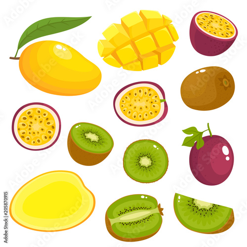 Vector set of colorful kiwi, mango, passionfruit isolated on white