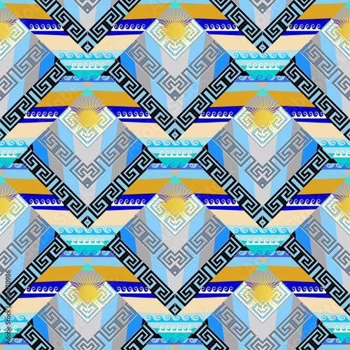 Greek marine seamless pattern. Geometric abstract nautical striped background. Modern tiled aqueous sunny ornament with geometry shapes, stripes, waves, sun, rhombus, greek key, meander. Trendy design