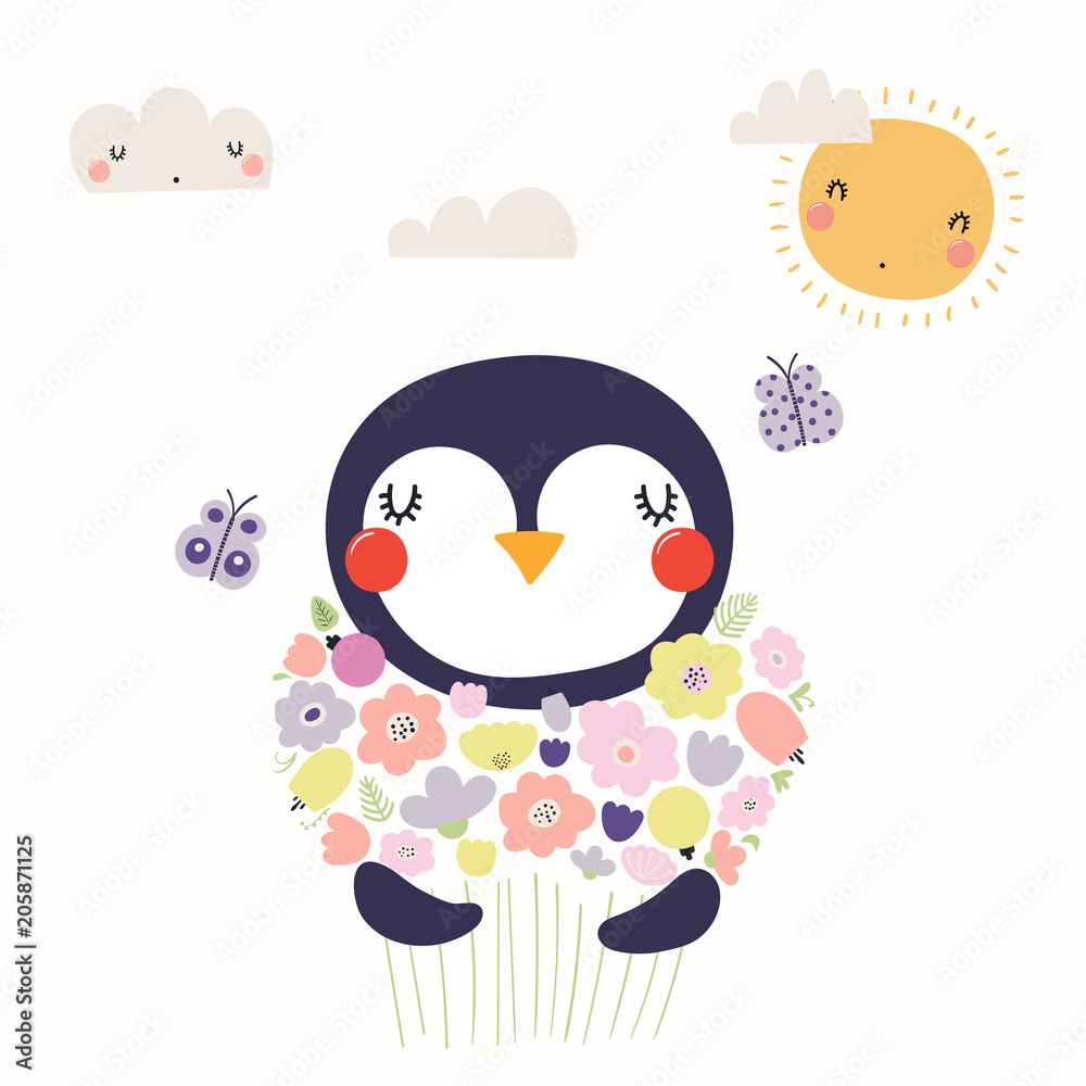 Hand drawn vector illustration of a cute funny penguin holding a bouquet of flowers, with butterflies, sun, clouds. Isolated objects. Scandinavian style flat design. Concept for children print.