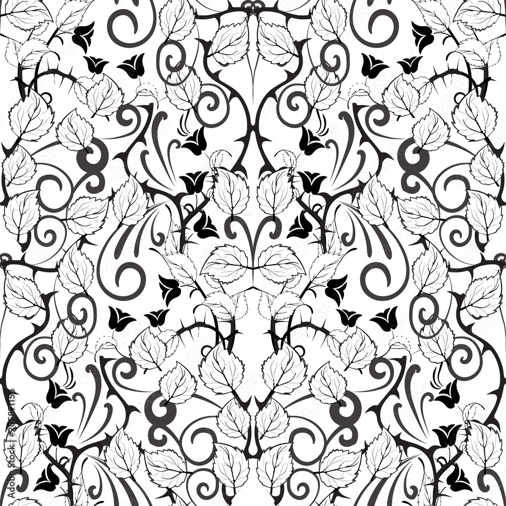 Floral black and white vector seamless pattern. White flourish abstract background. Hand drawn vintage black flowers, curl, swirl lines, leaves, thorny branches, line art tracery flowery ornaments.