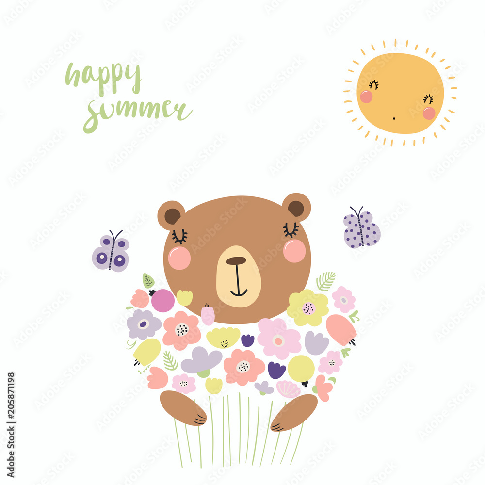 Hand drawn vector illustration of a cute funny bear with a bouquet of flowers, butterflies, sun, lettering Happy summer. Isolated objects. Scandinavian style flat design. Concept for children print. Hand drawn vector illustration of a cute funny bear with a bouquet of flowers, butterflies, sun, lettering Happy summer. Isolated objects. Scandinavian style flat design. Concept for children print.