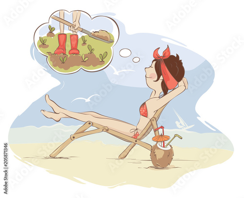 Beach vacation instead of working in the garden / Funny girl sunbathing on the beach, but thinking about beds with vegetables