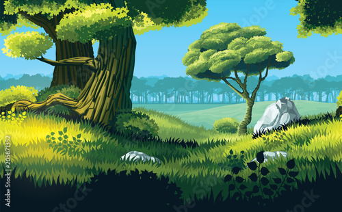 A high quality horizontal seamless background of landscape with deep forest. Horizontal tiles. For use in developing, prototyping  adventure, side-scrolling games or apps.