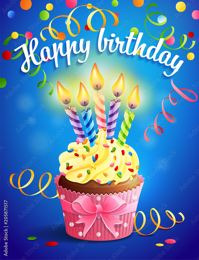 Vector illustrtion - birthday card with cupcake and candles Stock ...