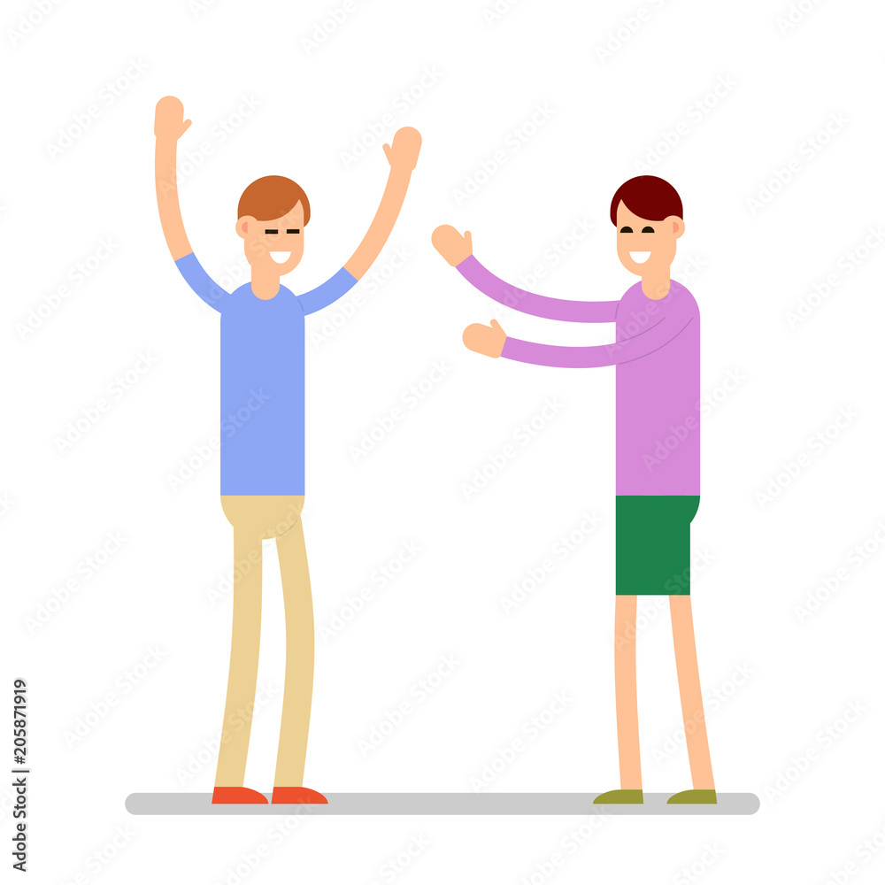Greeting people. Man and woman standing and greeting each other. Group of young people. Cartoon illustration isolated on white background in flat style