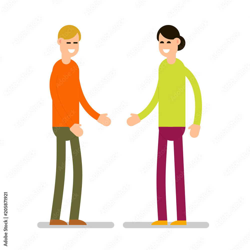 Greeting people. Man and woman standing and greeting each other. Group of young people. Cartoon illustration isolated on white background in flat style Greeting people. Man and woman standing and greeting each other. Group of young people. Cartoon illustration isolated on white background in flat style