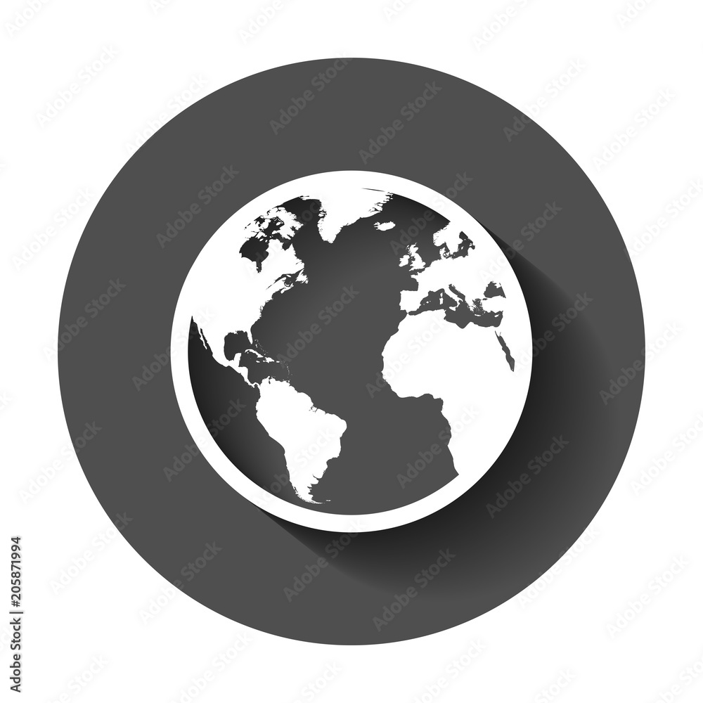 Globe world map vector icon. Round earth flat vector illustration. Planet business concept pictogram with long shadow. Globe world map vector icon. Round earth flat vector illustration. Planet business concept pictogram with long shadow.