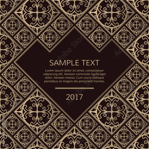 Vector golden frame. Square vintage card for design. Premium background in luxury style with space for text. Floral tiles.