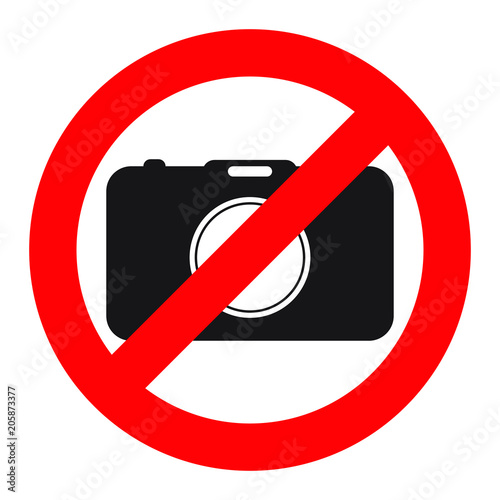 No cameras allowed sign. Red prohibition no camera sign. No taking pictures, no photographs sign.