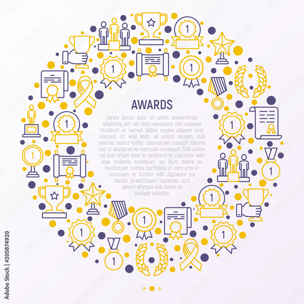 Awards concept in circle with thin line icons: trophy, medal, cup, star, statuette, ribbon. Modern vector illustration of prizes for competition. Template for print media, banner.