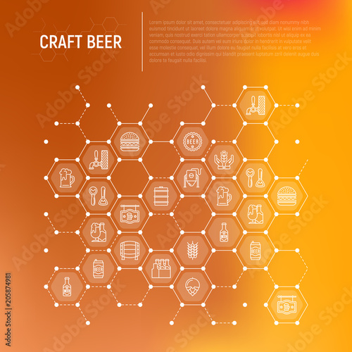 Craft beer concept in honeycombs with thin line icons related to Octoberfest: beer pack, hop, wheat, bottle opener, manufacturing, brewing, tulip glass. Modern vector illustration for print media.