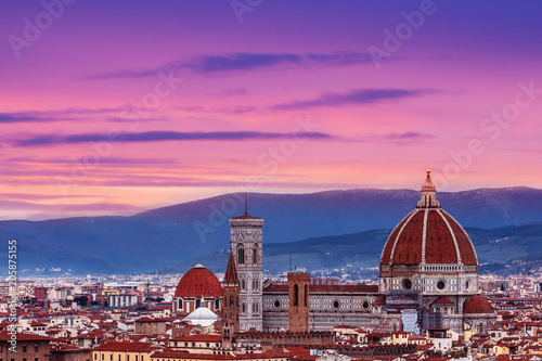 Beautiful Florence sunset city skyline with Florence Duomo Panorama. Amazing sky over city