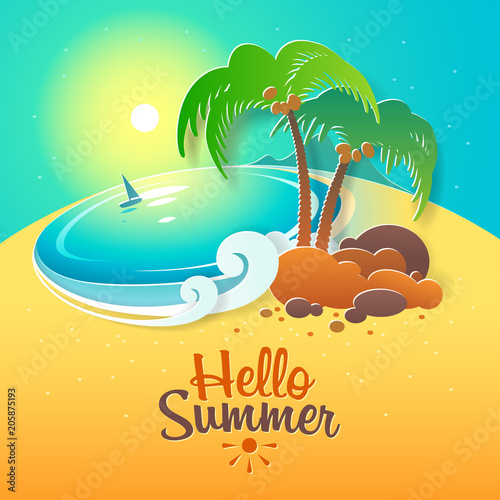 Hello Summer. Landscape - seacoast with palm trees on the background of sunrise in warm time of the year. Paper art style.