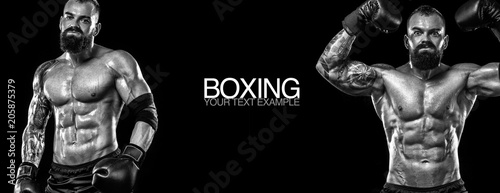 Sportsman muay thai boxers fighting. Isolated on black background. Copy Space. Sport concept. © Mike Orlov