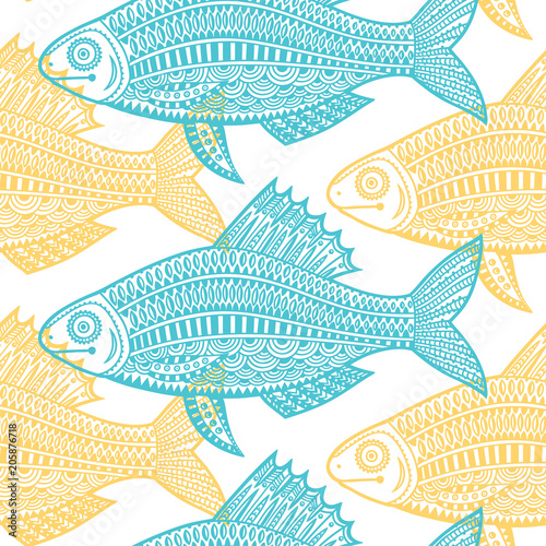fish3/Decorative fish. Hand drawn vector illustration. Seamless pattern.