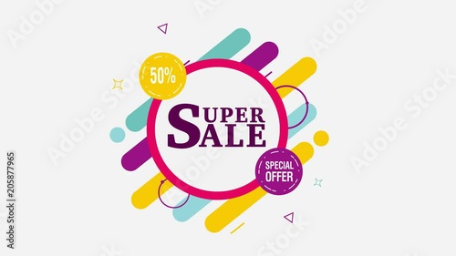 Super Sale 50% off motion tag. Alpha channel. Label of summer special offer. 4K Black Friday, Cyber Monday online shopping banner in bright color photo