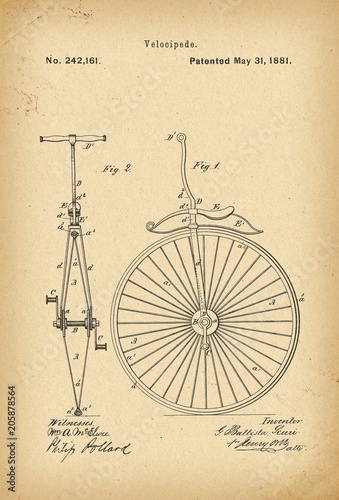 1881 Patent Velocipede Bicycle Unicycle history invention photo