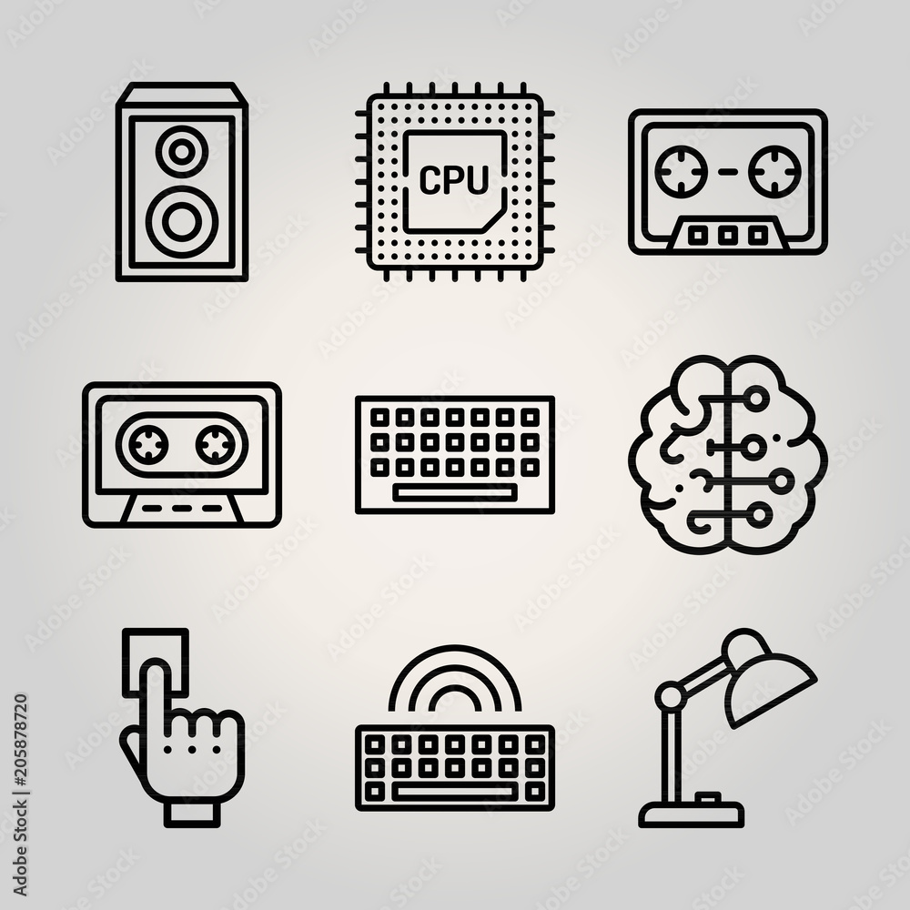 Outline technology 9 vector icons set. 9 icons page symbol for your web