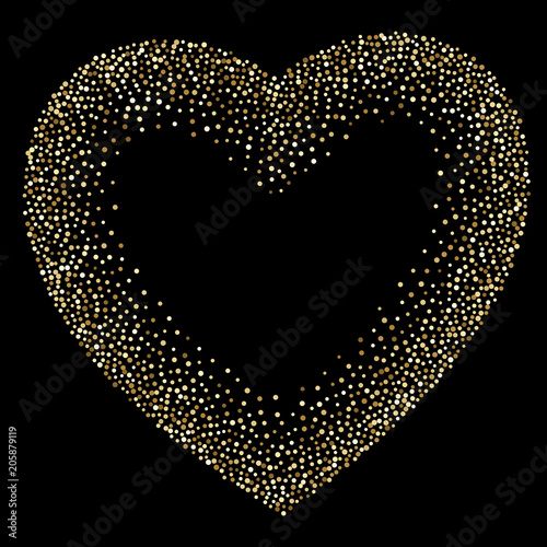 Luxury golden heart frame on black, gold glittering confetti particles on dark background. Scattered golden dots. Vector illustration.