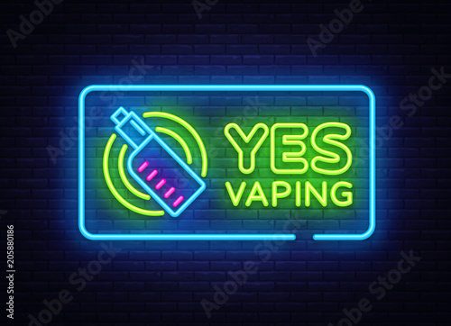 Yes Vaping neon sign. Zone Vaping neon sign vector template, light banner, bright night illustration, symbol, places for vape, electronic cigarette neon. Vector illustration