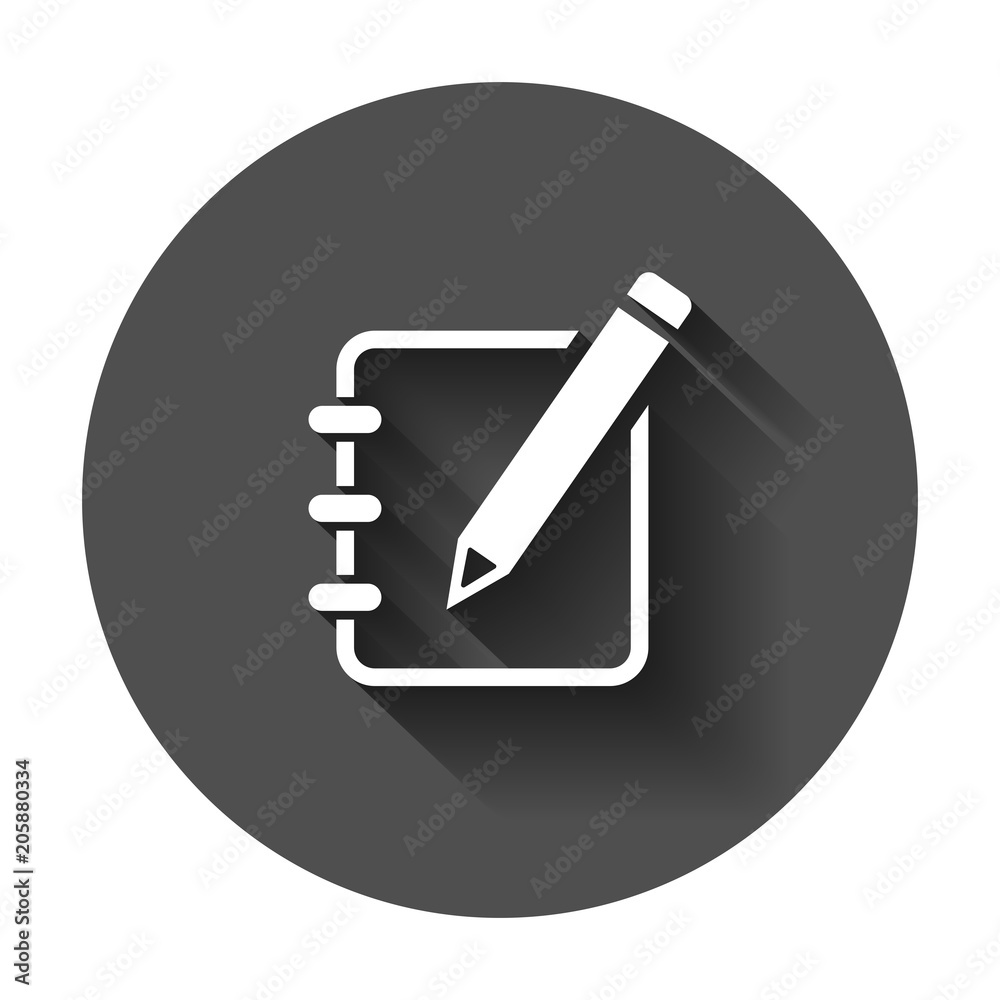 Notepad edit document with pencil icon. Vector illustration with long shadow. Business concept note edit pictogram. Notepad edit document with pencil icon. Vector illustration with long shadow. Business concept note edit pictogram.