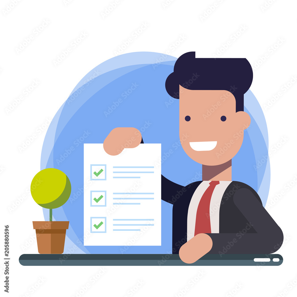 Survey or exam form paper sheet in hand of businessman, answered quiz checklist and success result assessment. Happy person showing questionnaire document. Flat cartoon clipart image isolated. Survey or exam form paper sheet in hand of businessman, answered quiz checklist and success result assessment. Happy person showing questionnaire document. Flat cartoon clipart image isolated.