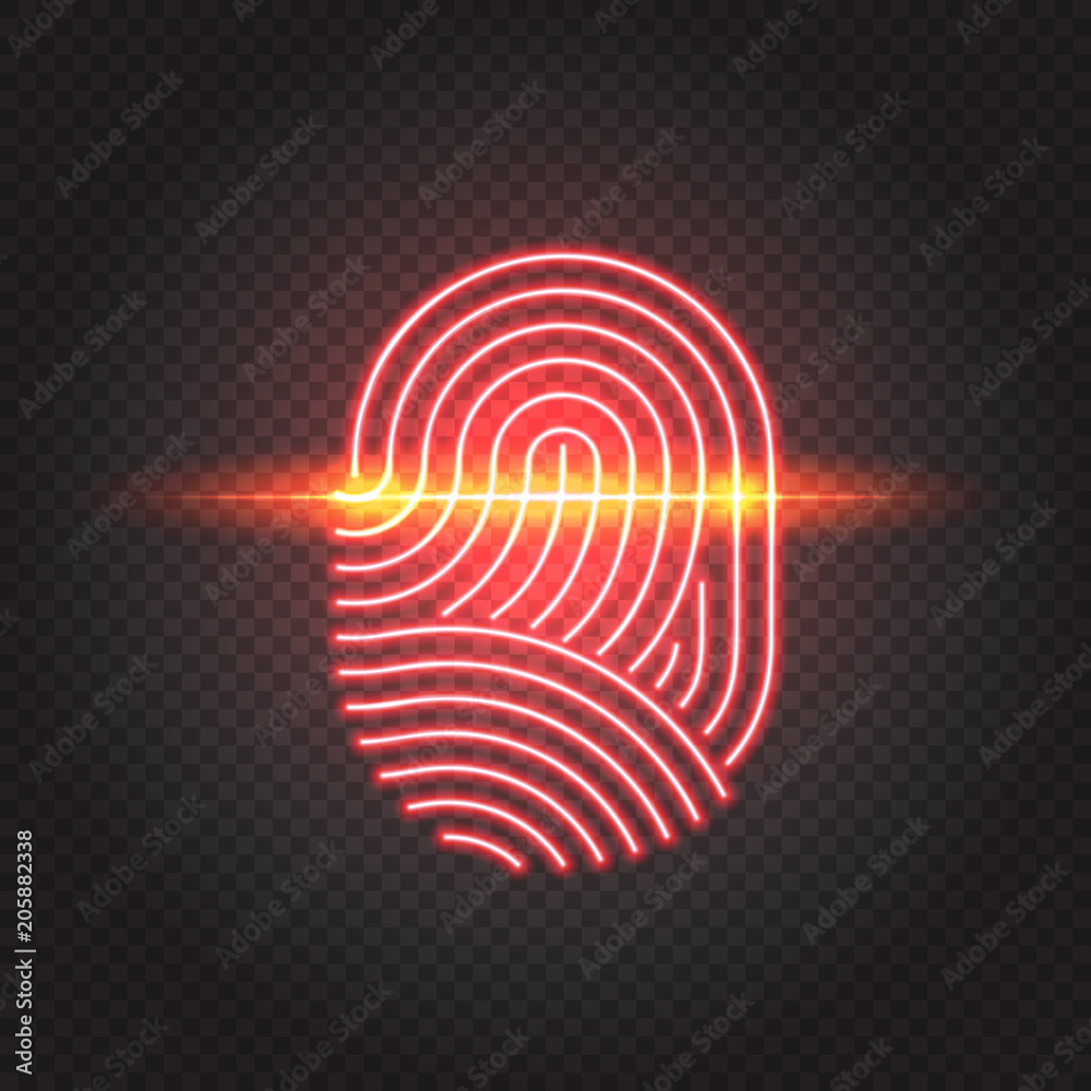 Finger print scanning identification system. Biometric authorization, business security and personal data protection concept. Touch ID neon icon Finger print scanning identification system. Biometric authorization, business security and personal data protection concept. Touch ID neon icon
