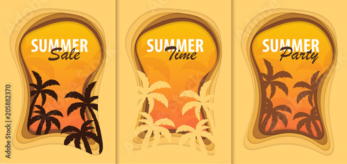 Fototapeta Naklejka Na Ścianę i Meble -  Set of Summer Time banners with palms. Paper cut and craft style. Vector illustration