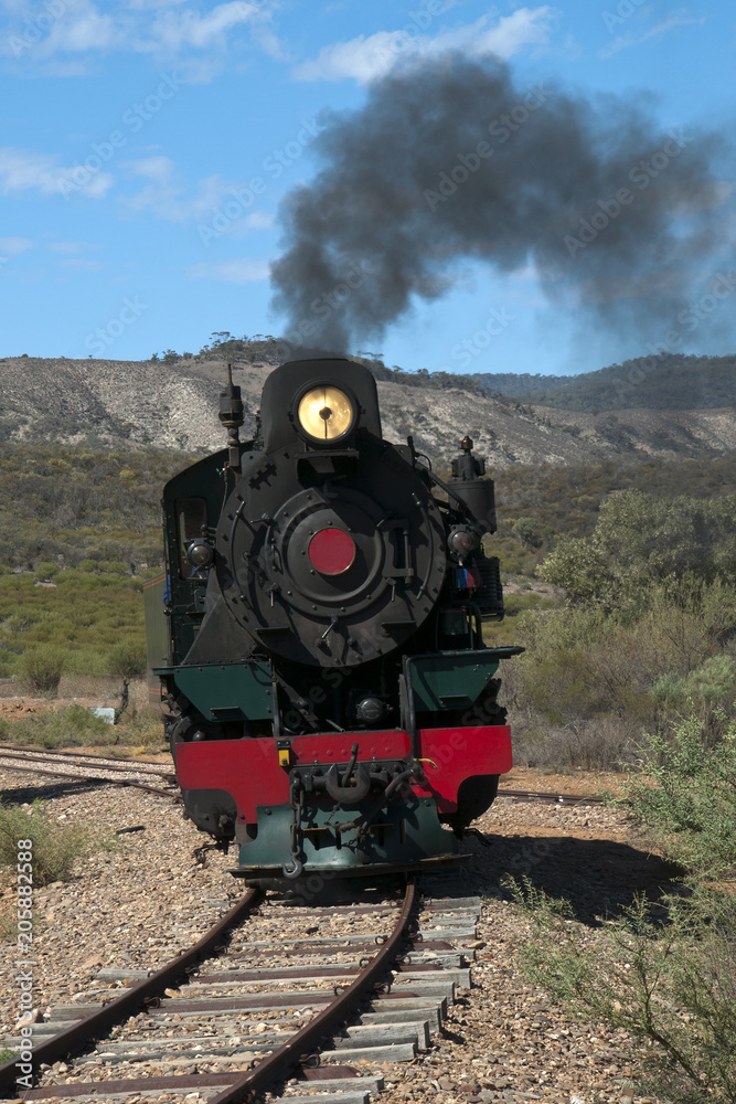 Obraz premium Quorn South Australia, View of approaching restored steam engine with semi arid landscape in background