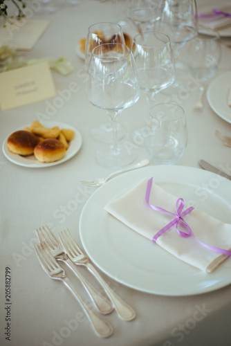 seat on restaurant table prepared for wedding party gala dinner