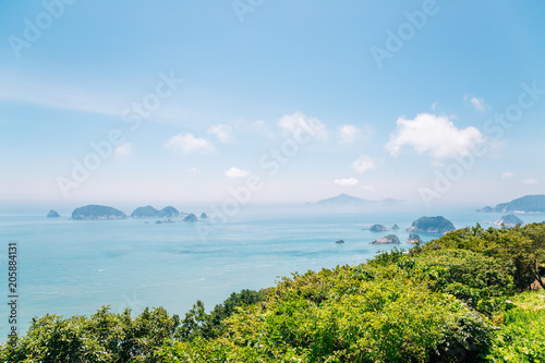Blue ocean and island from Yeocha Hongpo observation platform in Geoje, Korea