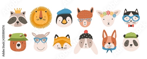 Collection of cute funny animal faces or heads wearing glasses, hats, headbands and wreaths. Set of various cartoon muzzles isolated on white background. Colorful hand drawn vector illustration.