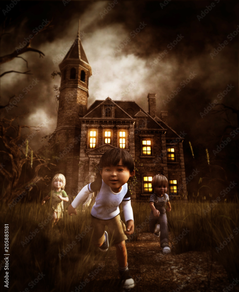kids running away from a haunted house,3d illustration