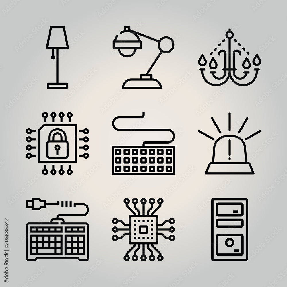 Outline technology 9 vector icons set. 9 icons page symbol for your web