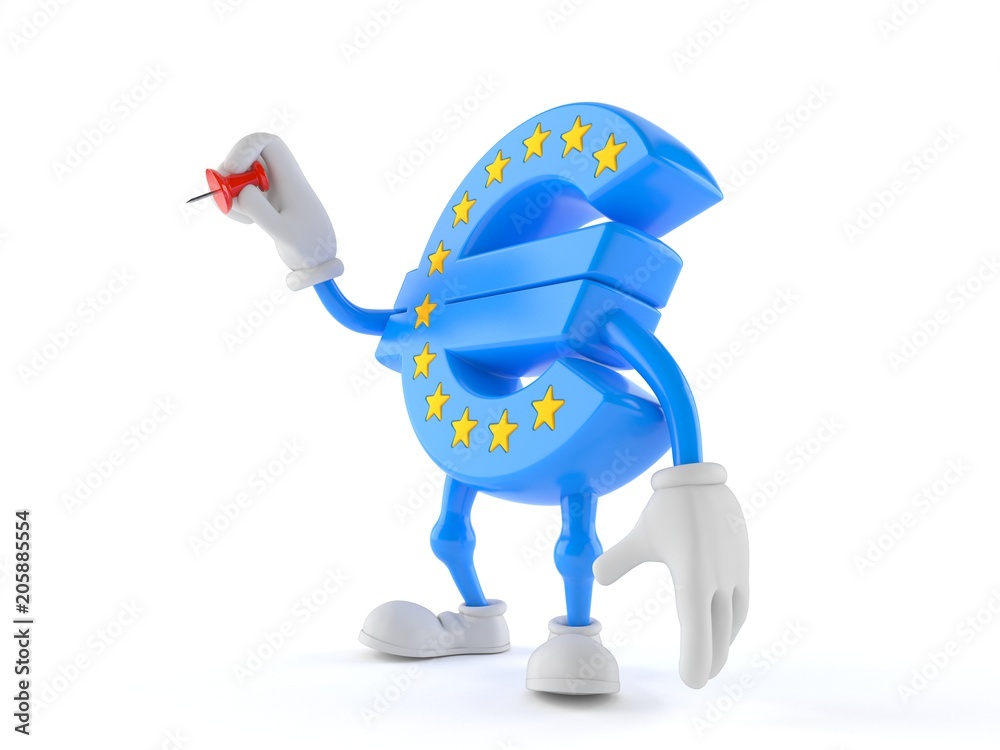 Euro currency character holding thumbtack