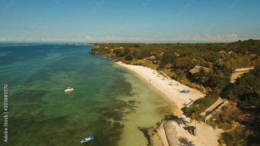 Aerial view of tropical beach on the island Bohol, Philippines. Beautiful tropical island with sand beach, palm trees. Tropical landscape: beach with palm trees. Seascape: Ocean, sky, sea