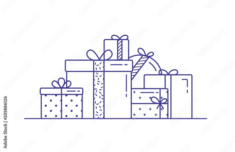 Obraz premium Holiday gift boxes wrapped in paper and decorated with ribbons and bows. Pile of packed festive presents drawn with contour lines on white background. Monochrome vector illustration in lineart style.