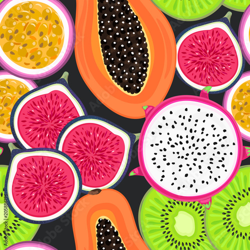 Vector seamless pattern with tropical fruits. Healthy dessert. Fruity background. Dragon fruit, kiwi, passionfruit, fig, papaya. Wrapping, exotic food market advertisement, wallpaper, summer banner